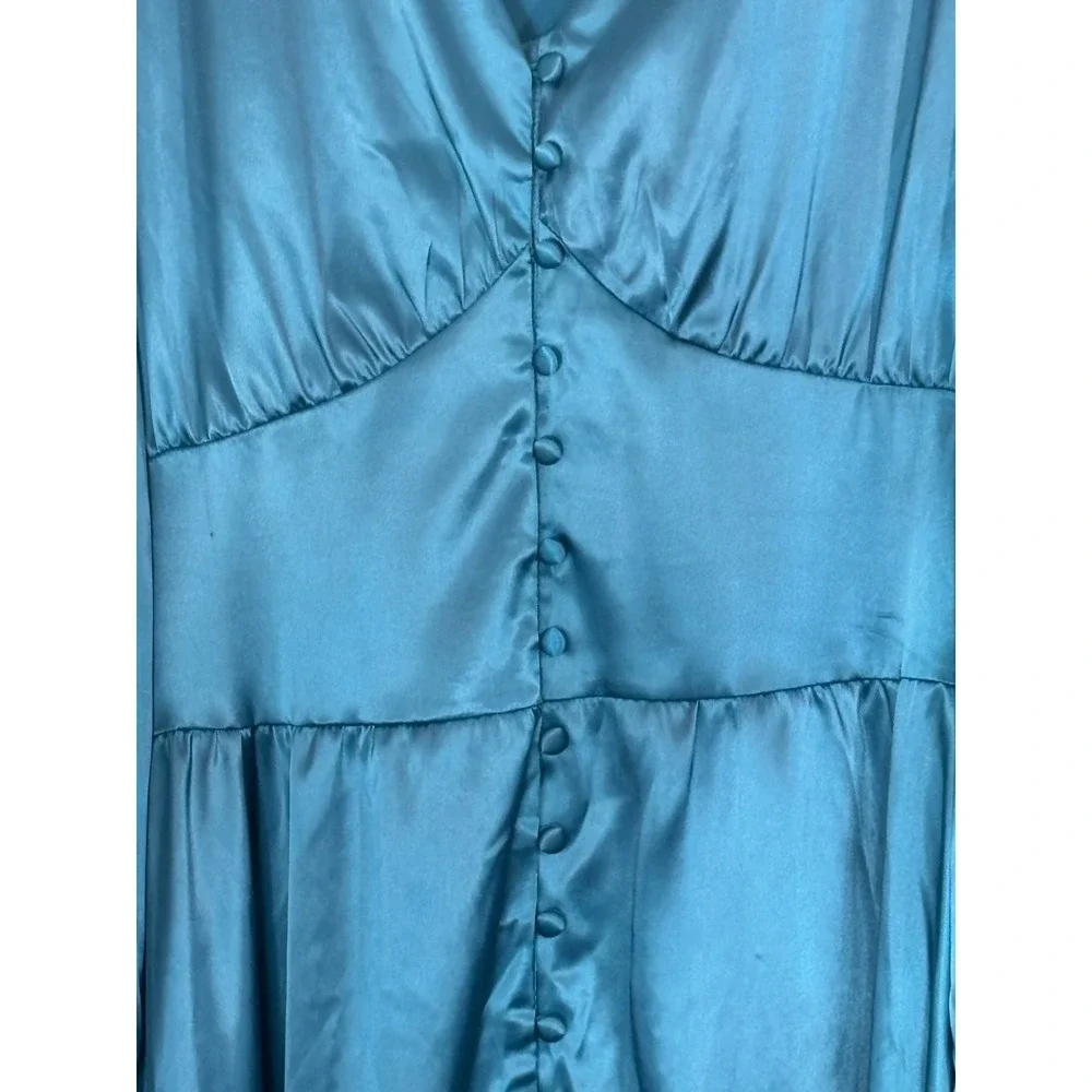 Colon Diana Teal Satin Bishop Sleeve Button Front Midi Dress Womens - Picture 6 of 16